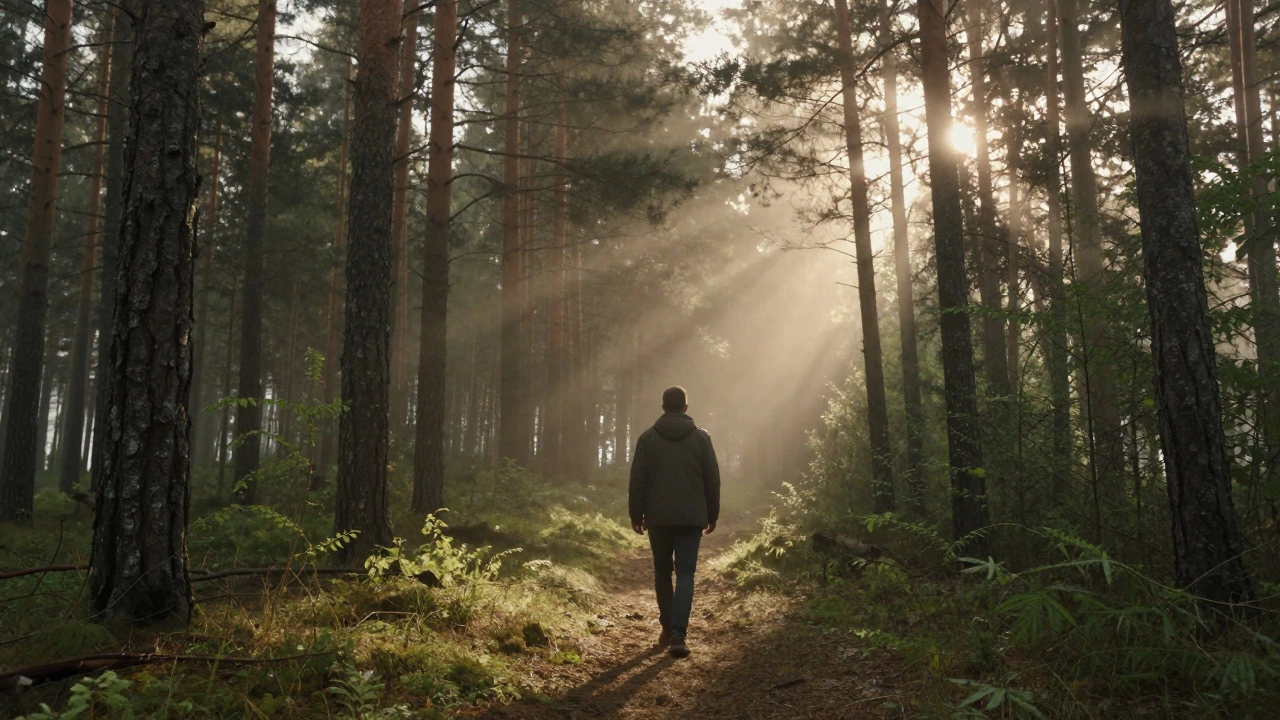 Мужчина гуляет в туманном сосновом лесу для психологической разгрузки и отдыха