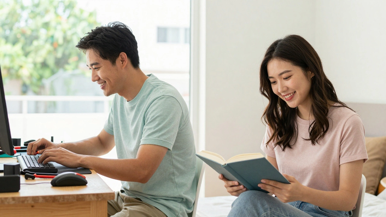 Мужчина и женщина занимаются своими хобби в одном доме, демонстрируя взаимное доверие и свободу.