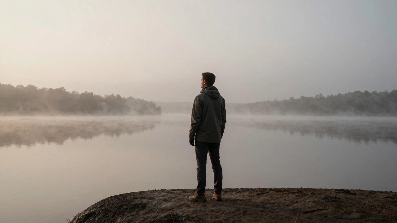 Мужчина отдыхает в тишине на берегу туманного озера на рассвете