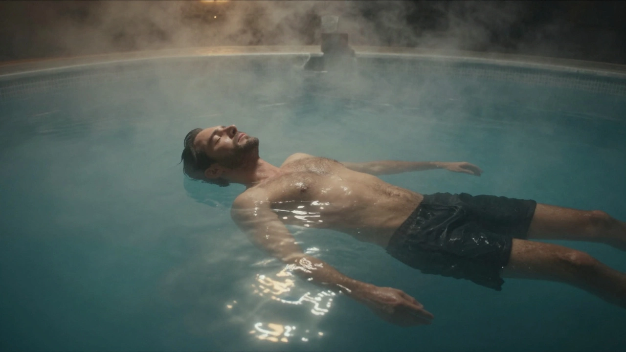 Мужчина расслабленно плавает в бассейне с паром для восстановления сил