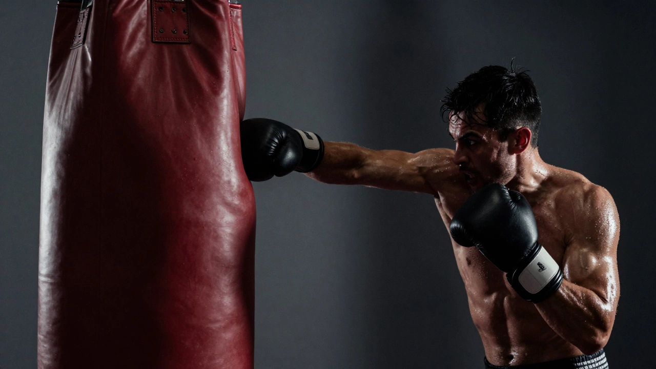 Мужчина в боксерском зале выплескивает стресс, нанося удар по груше