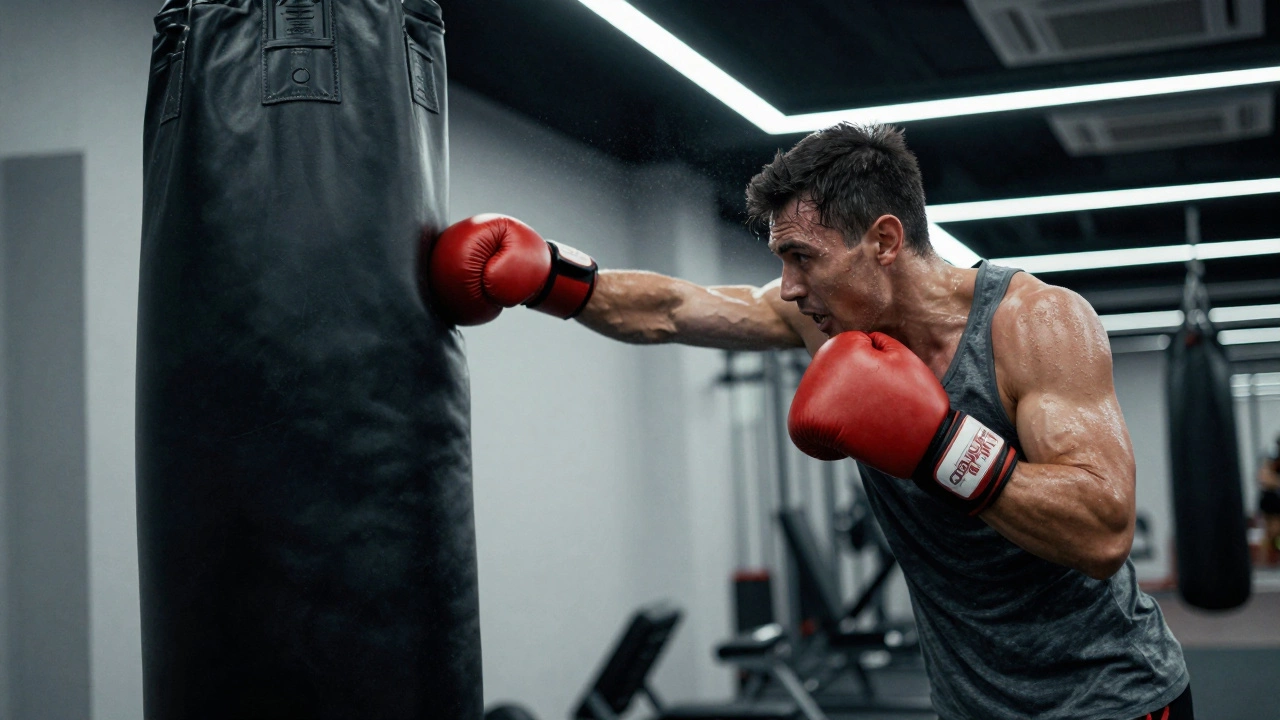Мужчина в спортзале выбивает стресс, нанося удар по боксерской груше