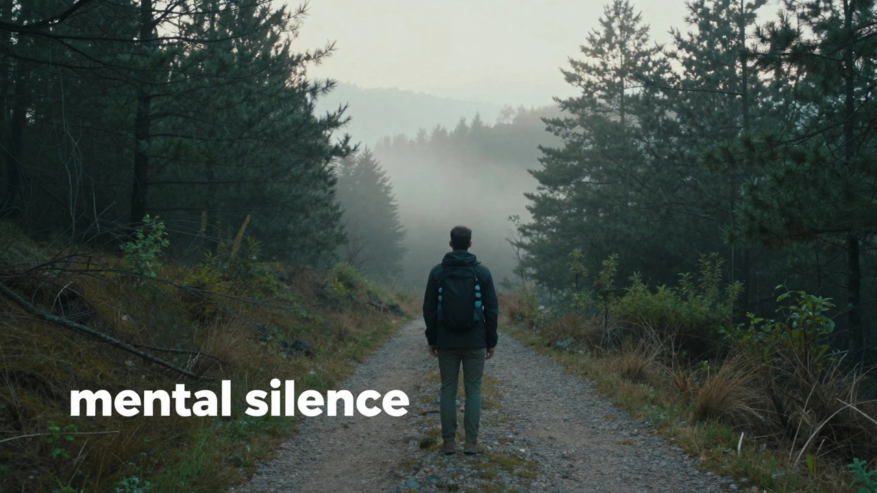 Мужчина в тишине леса на рассвете во время цифрового детокса