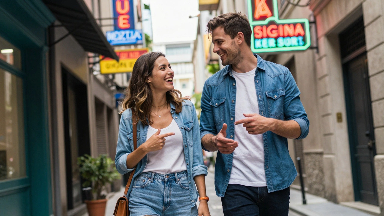 Пара смеется и прогуливается по атмосферной городской улице