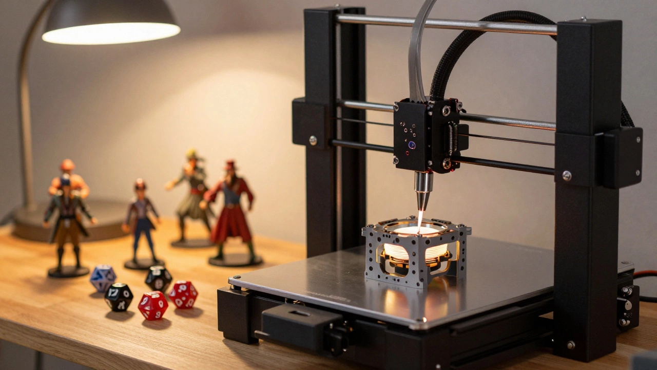 Процесс 3D-печати детали на рабочем столе с настольными играми на фоне