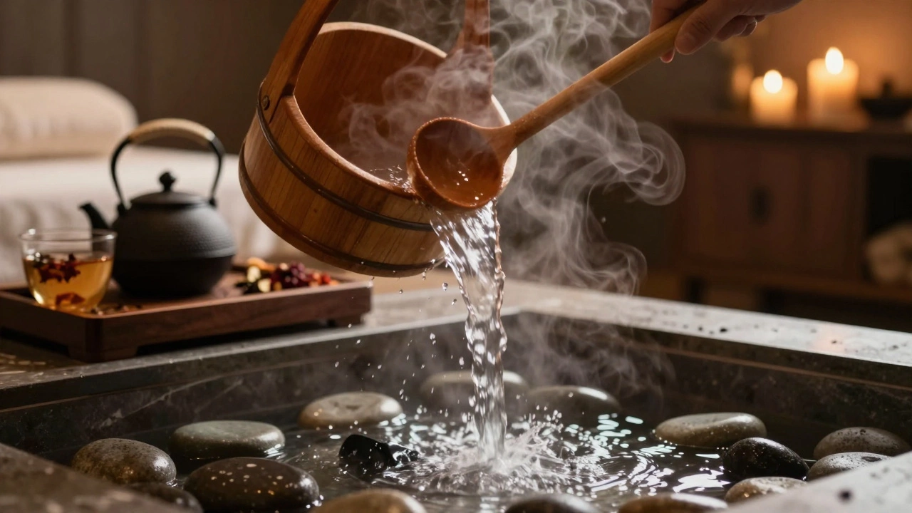 Процесс подачи воды на камни в сауне и чайный сервис на фоне