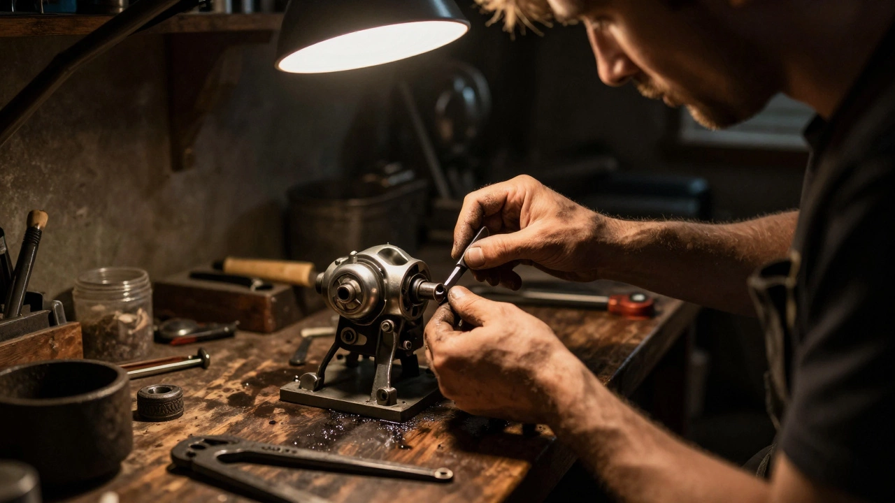 Руки мастера при восстановлении старого мотоцикла в гараже