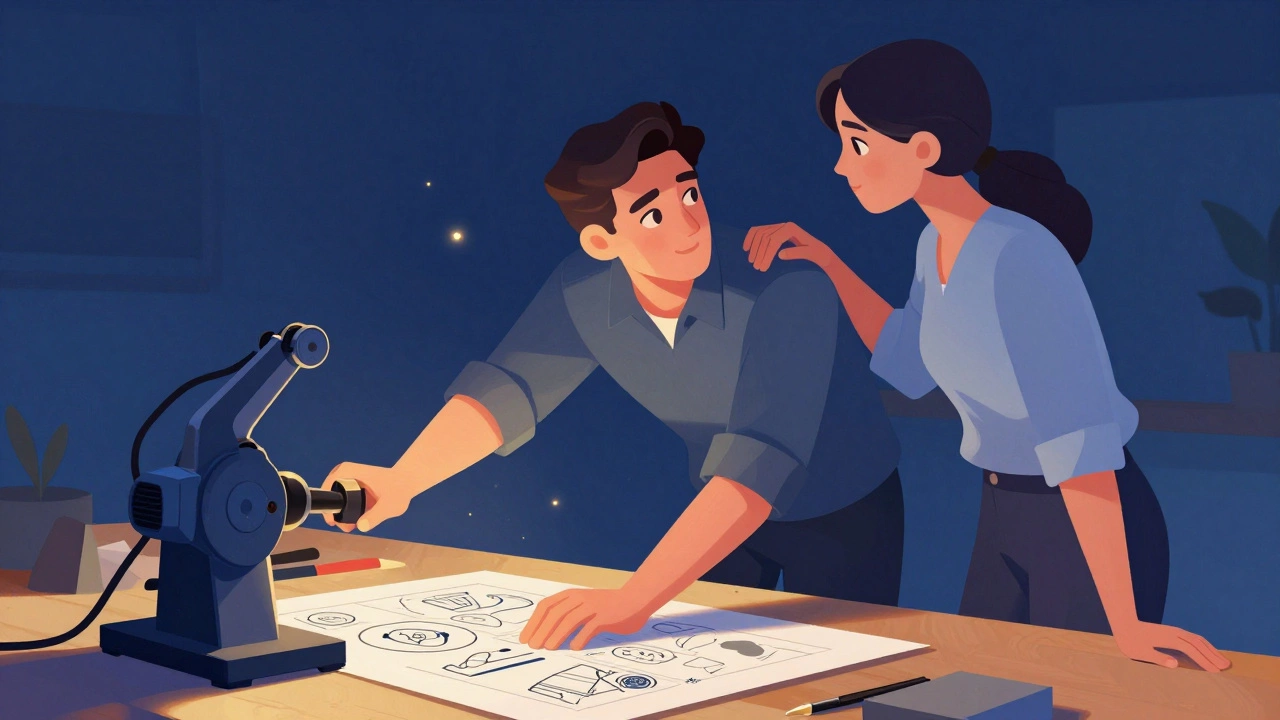 Женщина с восхищением смотрит на мужчину, признавая его мастерство и компетенции.